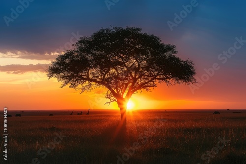 Silhouette of a tree against a fiery sunset in a grassy field.