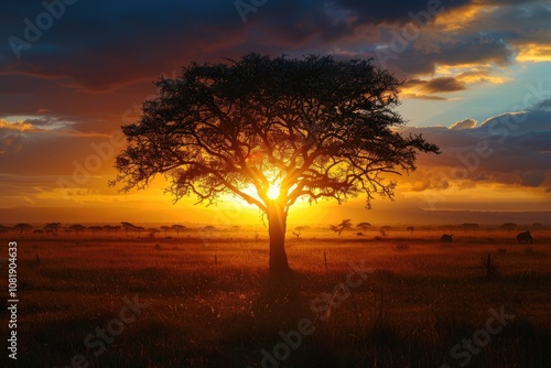 Silhouette of a tree at sunset in African savanna.