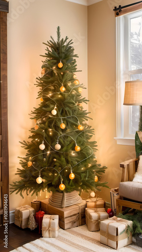  A lush green tree with rustic wooden ornaments, featuring wrapped string lights in a soft amber glow for a cozy feel.