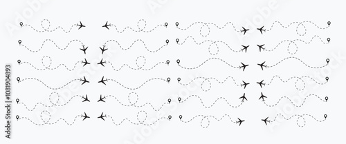  plane routes dotted paths aircraft travel route start point Flight route with start point and dash line