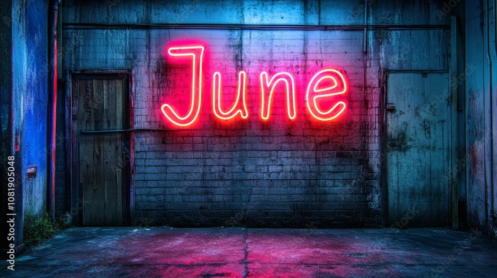 Naklejka premium Neon June Sign Urban Summer Vibes and Moody Industrial Backdrop for June Calendar Background
