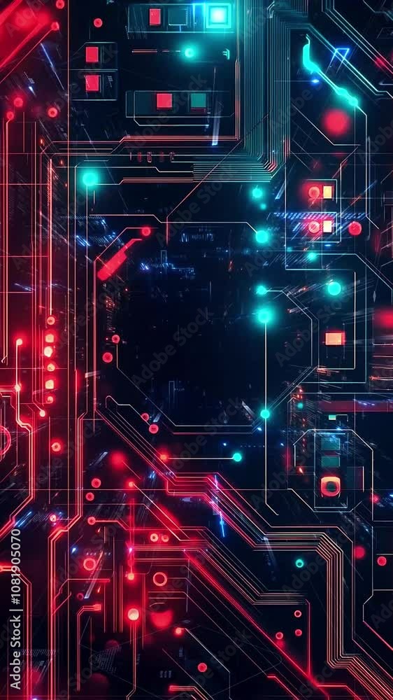 Futuristic Neon Circuit Board with Glowing Red and Blue Lights. Background. Seamless looping motion design. Video animation. Abstract neon circuit board design featuring glowing red and blue lights. Futuristic Neon Circuit Board with Glowing Red and Blue Lights. Background. Seamless looping motion design. Video animation. Abstract neon circuit board design featuring glowing red and blue lights.