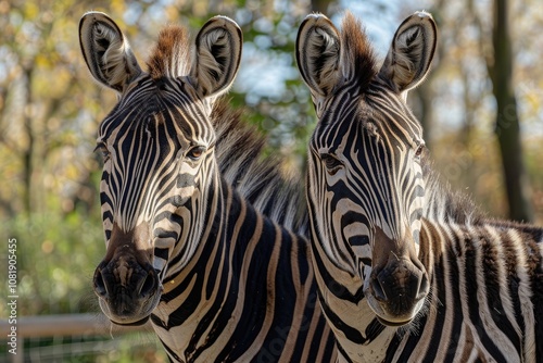 Two zebras with black and white stripes stand close together. photo