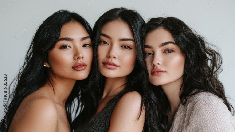 Three beautiful women with long dark hair and natural makeup stand close together and look at the camera. Three beautiful women with long dark hair and natural makeup stand close together and look at the camera.