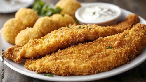 A plate of fried catfish, breaded and fried catfish fillets served with hush puppies and tartar sauce.