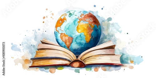 A Watercolor Illustration of a Globe Resting on an Open Book