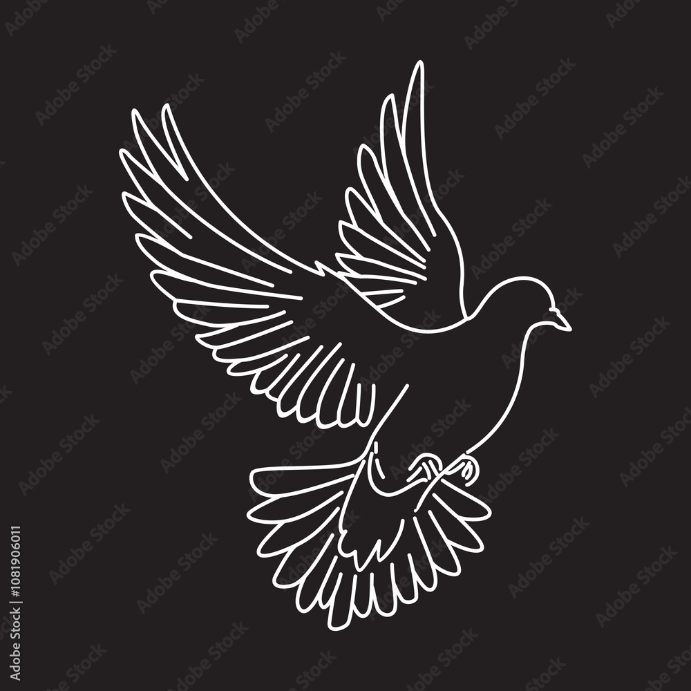 Fototapeta premium Dove vector line art illustration, Simple flat image of bird, flying, black isolated