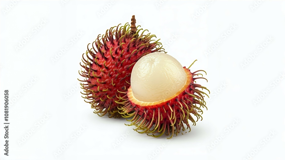 Rambutan fruit with one half-peeled, revealing the white edible part, against a white background. Rambutan fruit with one half-peeled, revealing the white edible part, against a white background.