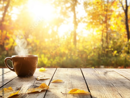 A serene autumn scene with a coffee steaming cup on a wooden table. - ai