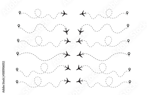  plane routes dotted paths aircraft travel route start point Flight route with start point and dash line