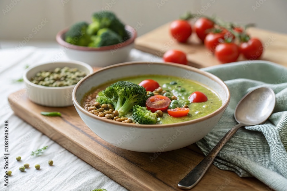 Minimalist Bowl of Lentil, Broccoli, and Pea Soup with Fresh Tomatoes on a Simple Wooden Table, Highlighting Healthy Ingredients and Vibrant Colors Minimalist Bowl of Lentil, Broccoli, and Pea Soup with Fresh Tomatoes on a Simple Wooden Table, Highlighting Healthy Ingredients and Vibrant Colors