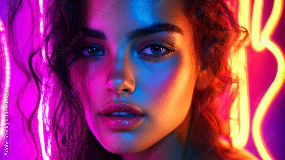A neon light portrait of a woman, with glowing neon signs casting colorful hues on her face, creating a bold and artistic photography style A neon light portrait of a woman, with glowing neon signs casting colorful hues on her face, creating a bold and artistic photography style