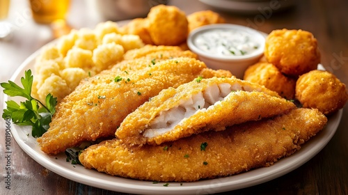 A plate of fried catfish, breaded and fried catfish fillets served with hush puppies and tartar sauce.


