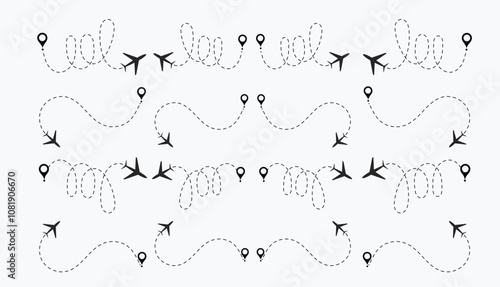  plane routes dotted paths aircraft travel route start point Flight route with start point and dash line