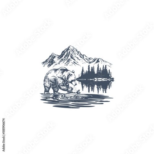 Bear catching fish in the lake logo design vector vintage