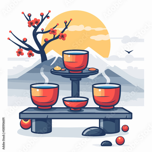 Vector illustration of a Japanese tea ceremony with two cups of tea on a table.