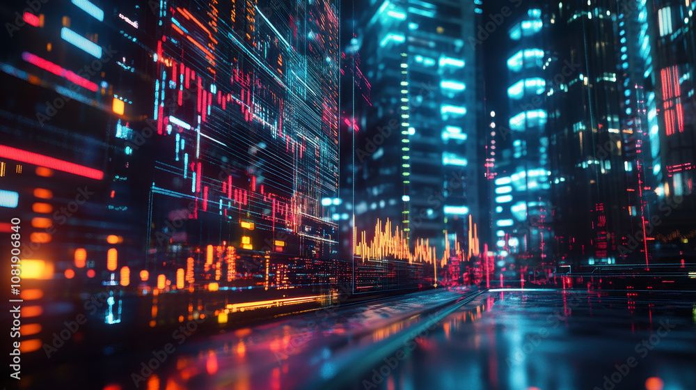 Digital cityscape with vibrant data streams and glowing graphs, representing cryptocurrency trading and financial technology. futuristic environment evokes sense of innovation and excitement Digital cityscape with vibrant data streams and glowing graphs, representing cryptocurrency trading and financial technology. futuristic environment evokes sense of innovation and excitement