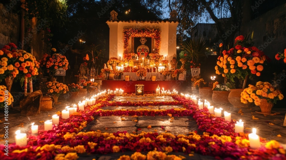 A traditional Day of the Dead altar with candles and flowers, illuminated at night. A traditional Day of the Dead altar with candles and flowers, illuminated at night.