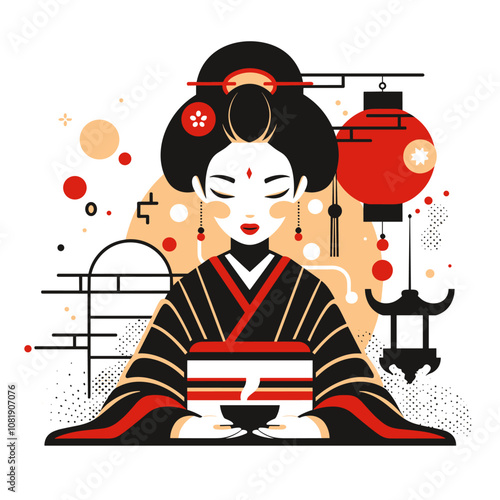 Vector illustration of a geisha in kimono and lanterns.