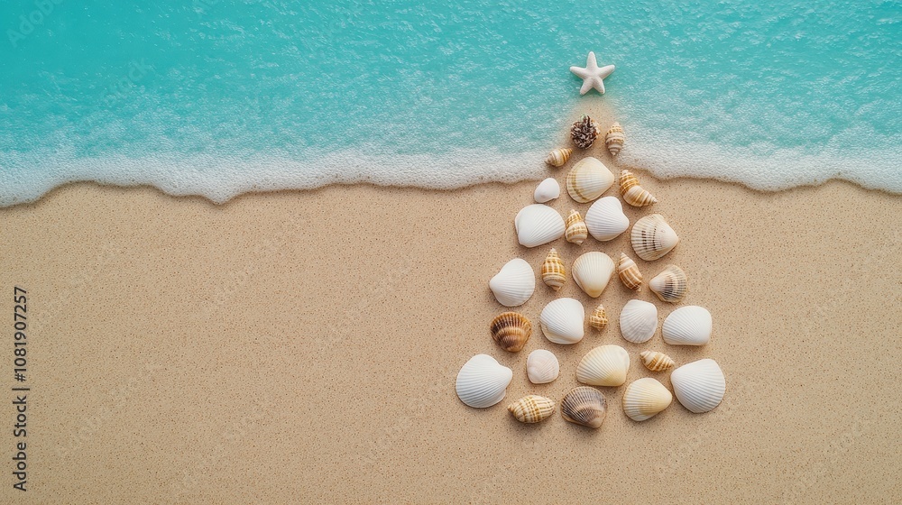A creative Christmas tree made of seashells on a sandy beach with ocean waves. A creative Christmas tree made of seashells on a sandy beach with ocean waves.