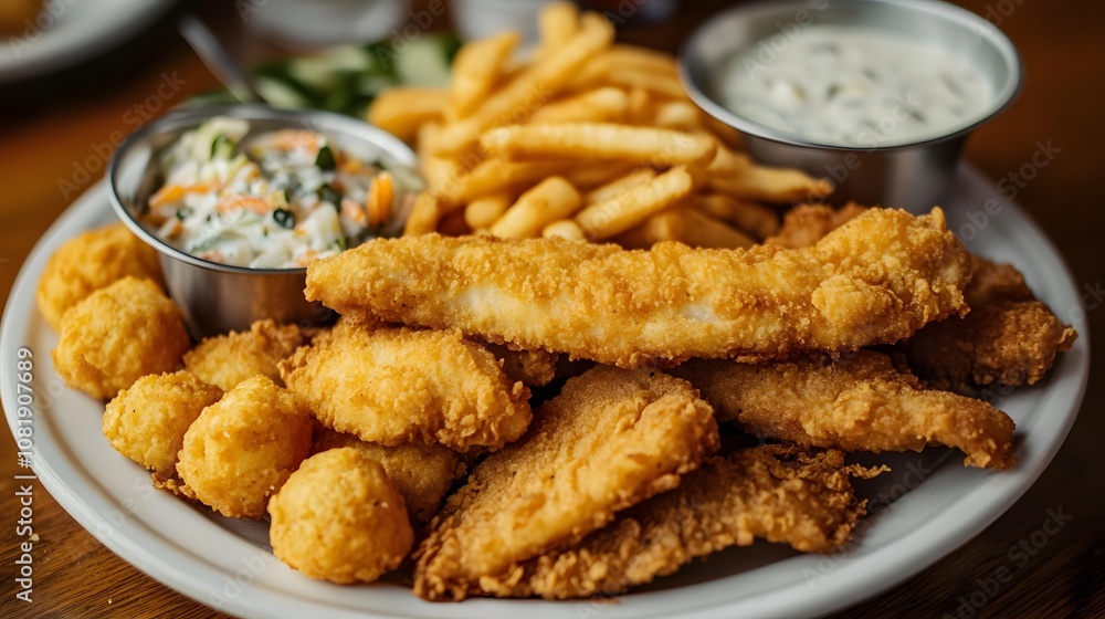 A plate of fried catfish, breaded and fried catfish fillets served with hush puppies and tartar sauce.
A plate of fried catfish, breaded and fried catfish fillets served with hush puppies and tartar sauce.