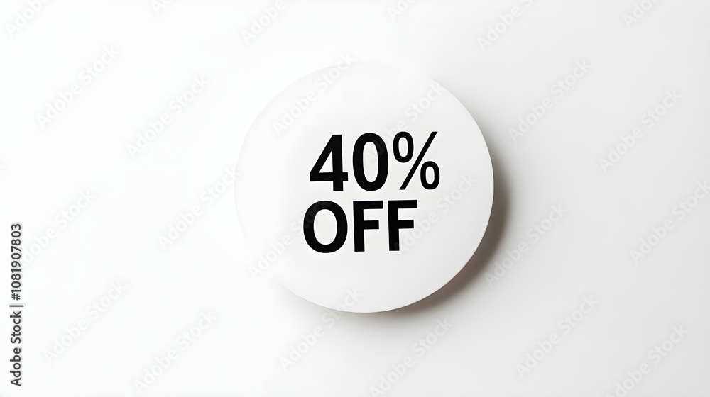 Black '40% OFF' Text on a White Round Paper Note. White Background with Copy Space Black '40% OFF' Text on a White Round Paper Note. White Background with Copy Space