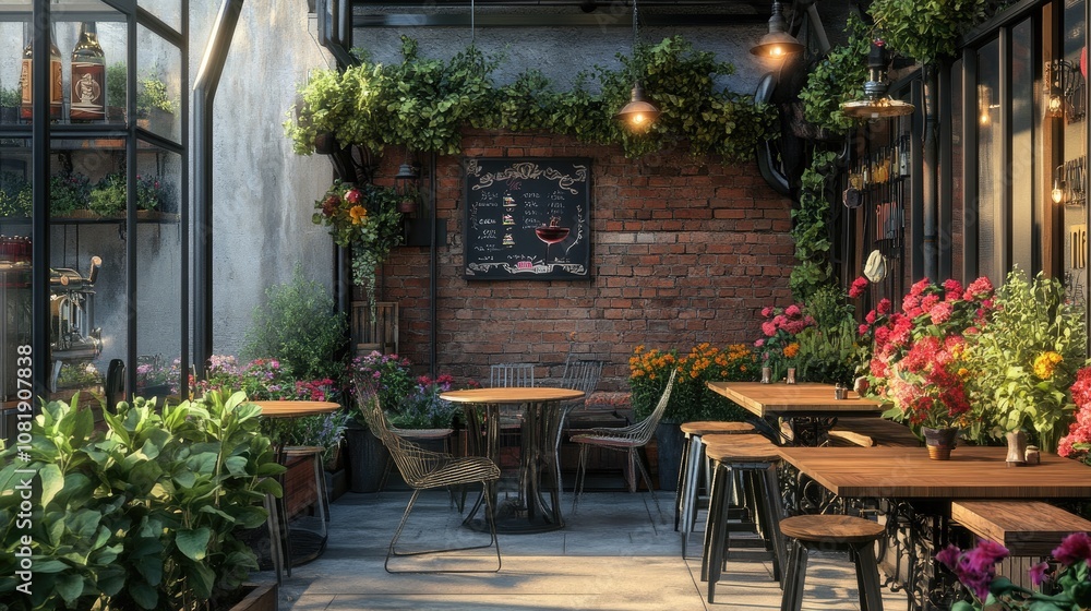 Obraz premium A charming outdoor café scene with rustic wooden tables and vibrant flowers, creating a warm and inviting atmosphere.
