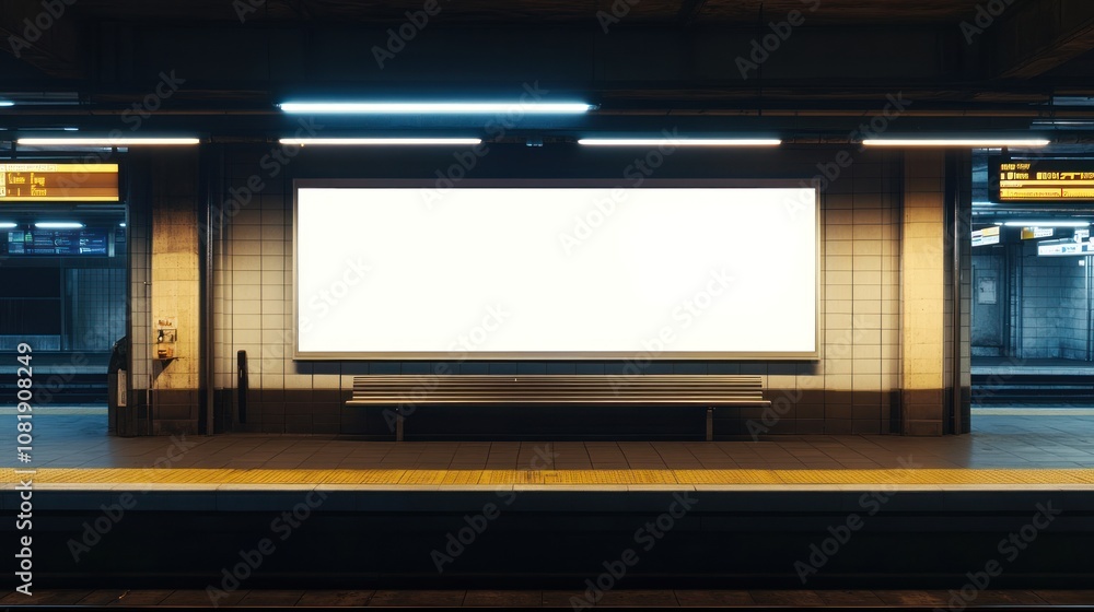 A large blank billboard ad is mounted above a bench on a subway platform, illuminated by bright lights and ready for your message. A large blank billboard ad is mounted above a bench on a subway platform, illuminated by bright lights and ready for your message.