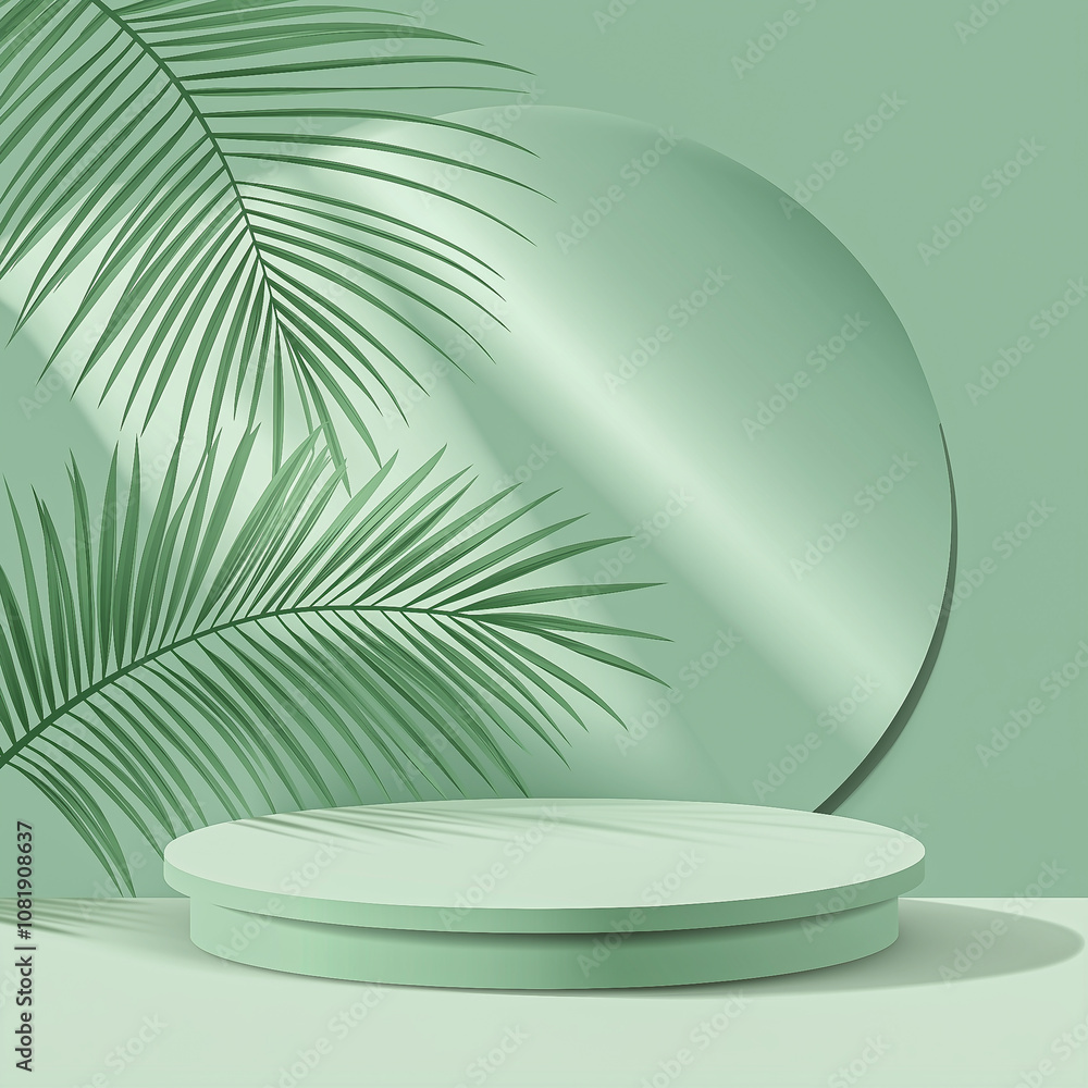 Abstract empty green Podium with green leaves on green background. Mock up stand for product presentation. Advertising template Abstract empty green Podium with green leaves on green background. Mock up stand for product presentation. Advertising template