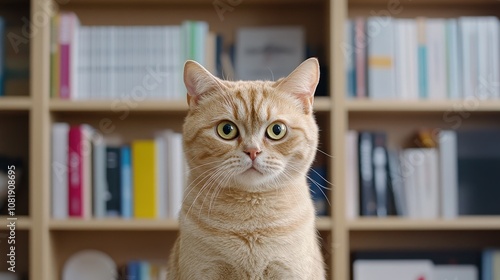 Wallpaper Mural Adorable orange cat sitting in front of a bookshelf, exuding curiosity and charm. Torontodigital.ca