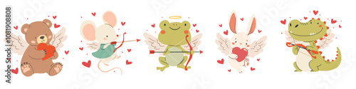 Set of vector illustrations for Valentine's Day. Cute cupids bear frog crocodile mouse dinosaur and hare, animals with wings and hearts. Vector illustration