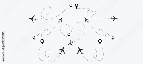  plane routes dotted paths aircraft travel route start point Flight route with start point and dash line