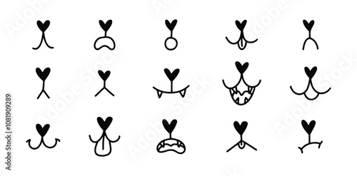 Hand drawn doodle pet mouth. dog or cat face with tongue hanging out set template. Dog tongue outline lick mouth and nose. Happy pet face with open mouth. 
