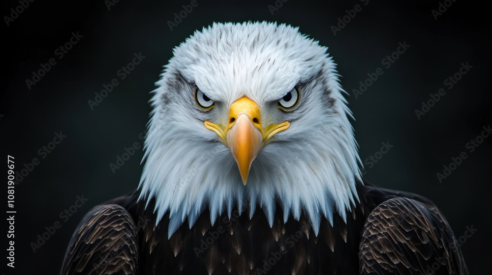Obraz premium Majestic eagle with intense gaze, showcasing detailed feathers and striking colors. powerful presence of this bird evokes sense of awe and admiration