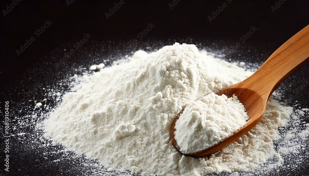 White flour with wooden spoon on wooden background close up view White flour with wooden spoon on wooden background close up view