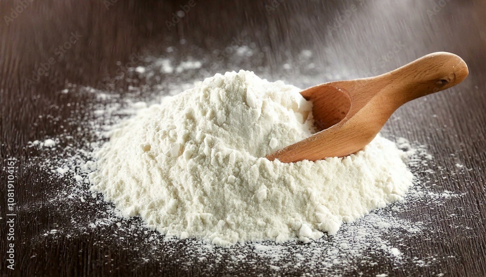 White flour with wooden spoon on wooden background close up view White flour with wooden spoon on wooden background close up view
