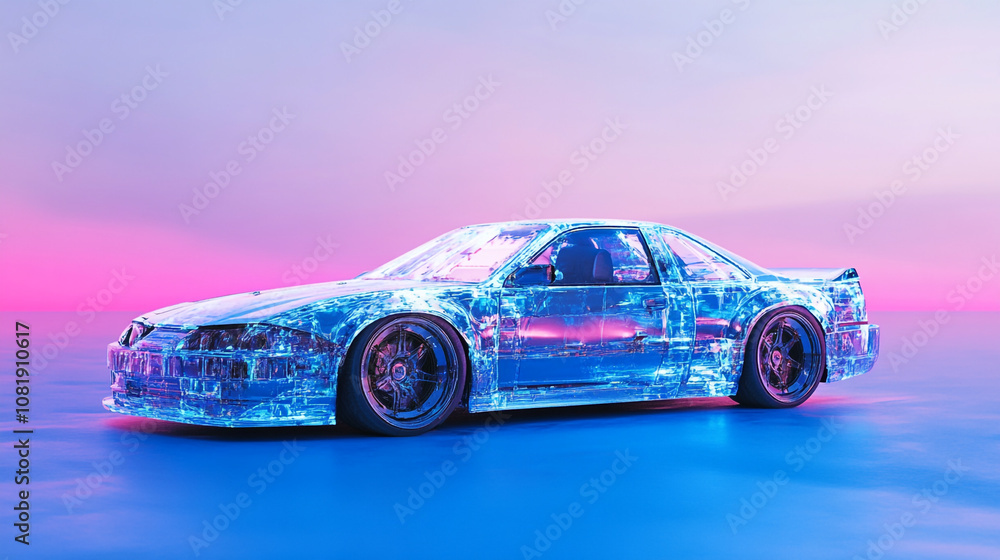 A futuristic, transparent car parked against a vibrant twilight sky in a surreal landscape A futuristic, transparent car parked against a vibrant twilight sky in a surreal landscape