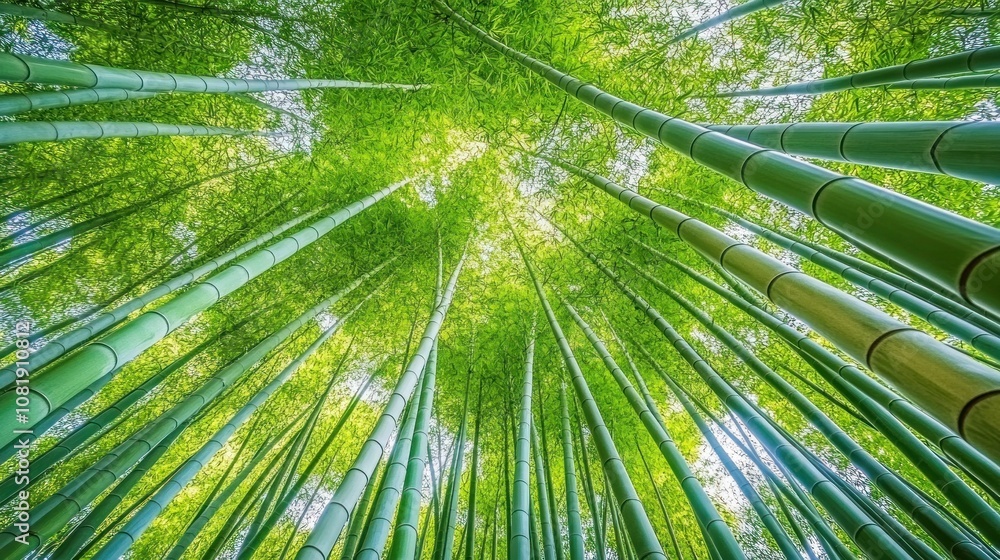 A low angle view of a dense bamboo forest with sunlight filtering through the leaves. A low angle view of a dense bamboo forest with sunlight filtering through the leaves.