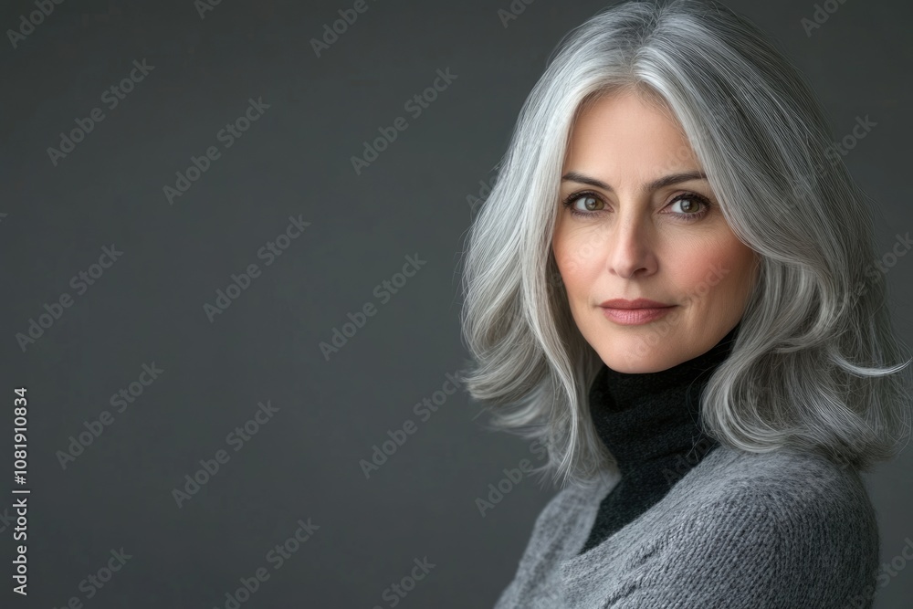 Pretty middle aged lady posing over grey background Pretty middle aged lady posing over grey background