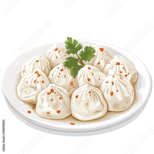 Traditional Georgian Khinkali Dumplings with Parsley Garnish on White Background
