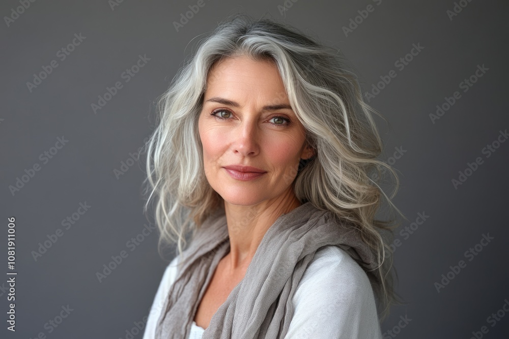 Pretty middle aged lady posing over grey background Pretty middle aged lady posing over grey background