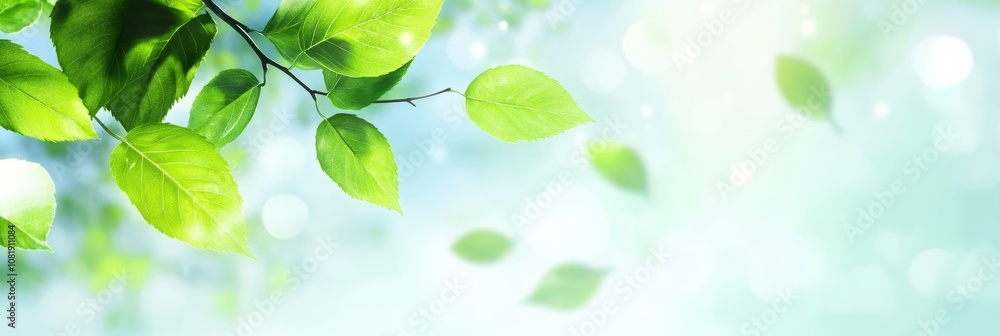 Springtime Freshness Lush Green Leaves on a Branch Bathed in Sunlight, Nature Background Springtime Freshness Lush Green Leaves on a Branch Bathed in Sunlight, Nature Background