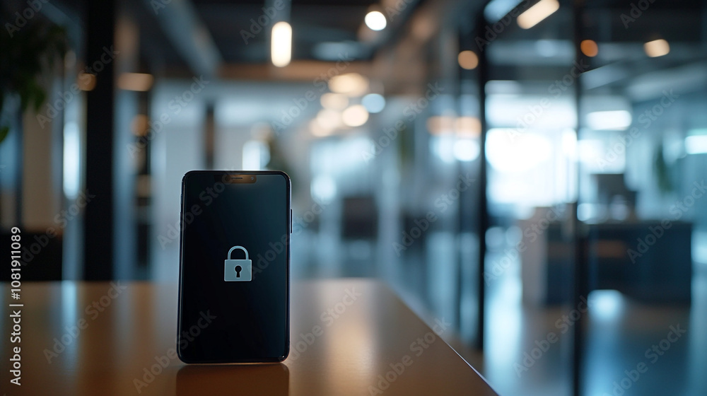 Smartphone with lock symbol displayed on screen in modern office setting during daytime Smartphone with lock symbol displayed on screen in modern office setting during daytime