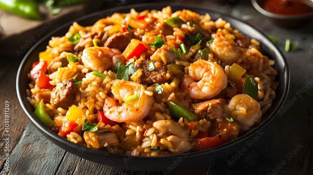 A serving of jambalaya, a spicy rice dish with shrimp, chicken, and sausage cooked with peppers and onions.
A serving of jambalaya, a spicy rice dish with shrimp, chicken, and sausage cooked with peppers and onions.
