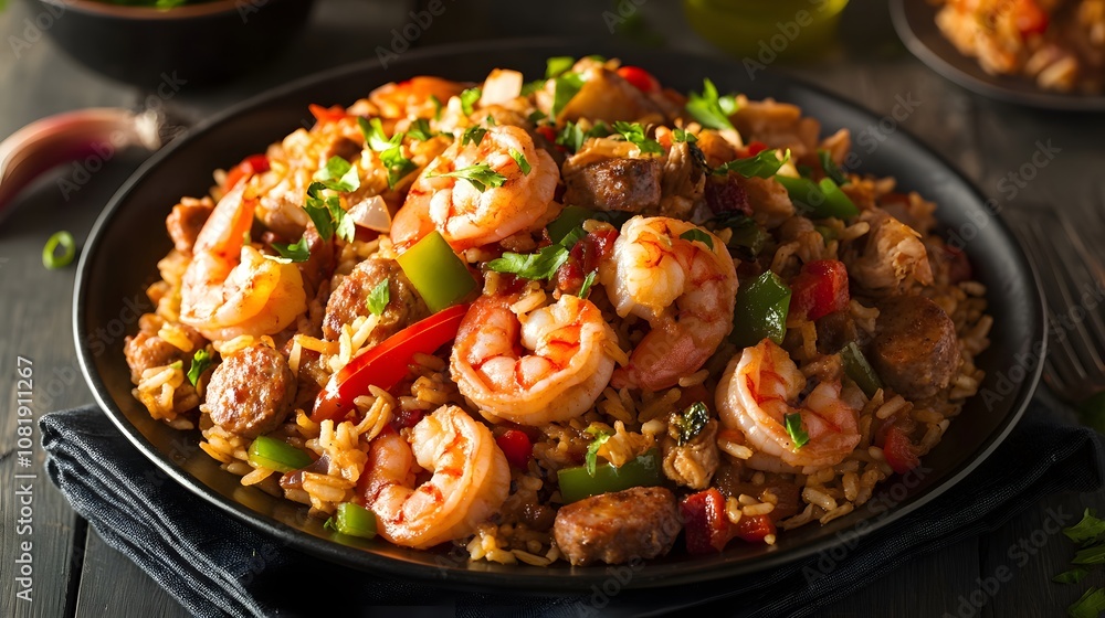 A serving of jambalaya, a spicy rice dish with shrimp, chicken, and sausage cooked with peppers and onions.
A serving of jambalaya, a spicy rice dish with shrimp, chicken, and sausage cooked with peppers and onions.