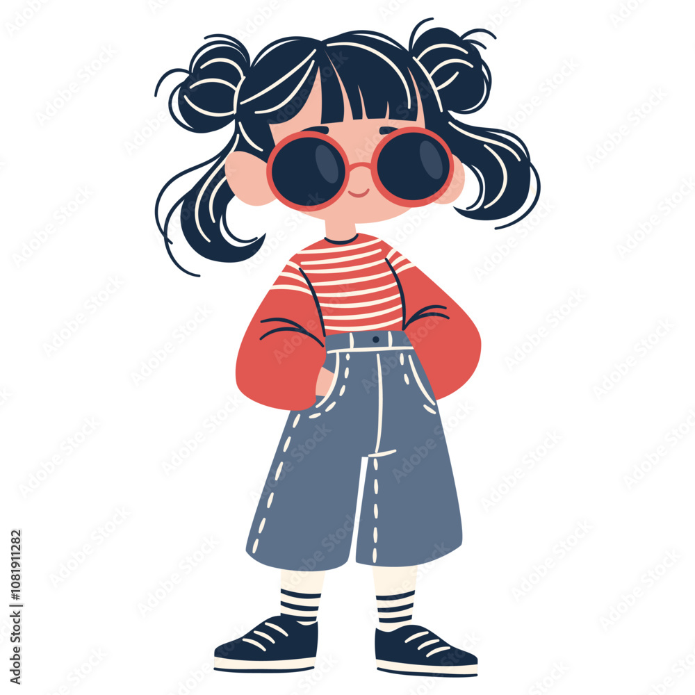 A flat vector illustration in a simple children's style. A cute fashionable girl in a sweatshirt and sunglasses. Vector illustration A flat vector illustration in a simple children's style. A cute fashionable girl in a sweatshirt and sunglasses. Vector illustration
