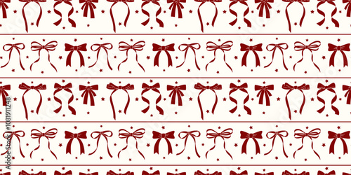 Seamless pattern with various bow knots, gift ribbons. Trendy hair braiding accessory. Hand drawn vector illustration. Holiday background. Horizontal stripe vintage wallpaper.