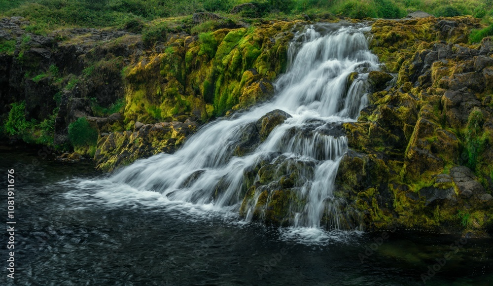 Serene waterfall over mossy rocks. Serene waterfall over mossy rocks.