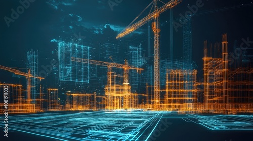 Fototapeta Naklejka Na Ścianę i Meble -  High-tech construction site with glowing blueprints