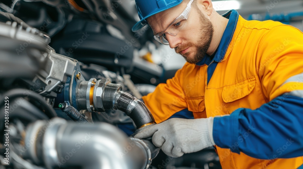 A focused technician in protective gear works on engine components, showcasing skilled labor and mechanical expertise in a workshop setting. A focused technician in protective gear works on engine components, showcasing skilled labor and mechanical expertise in a workshop setting.